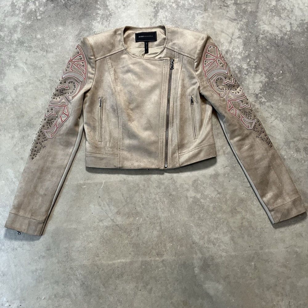 BCBG Maxazria Jacket Womens Small Tan Khaki Cropped Nicholas Studded Biker